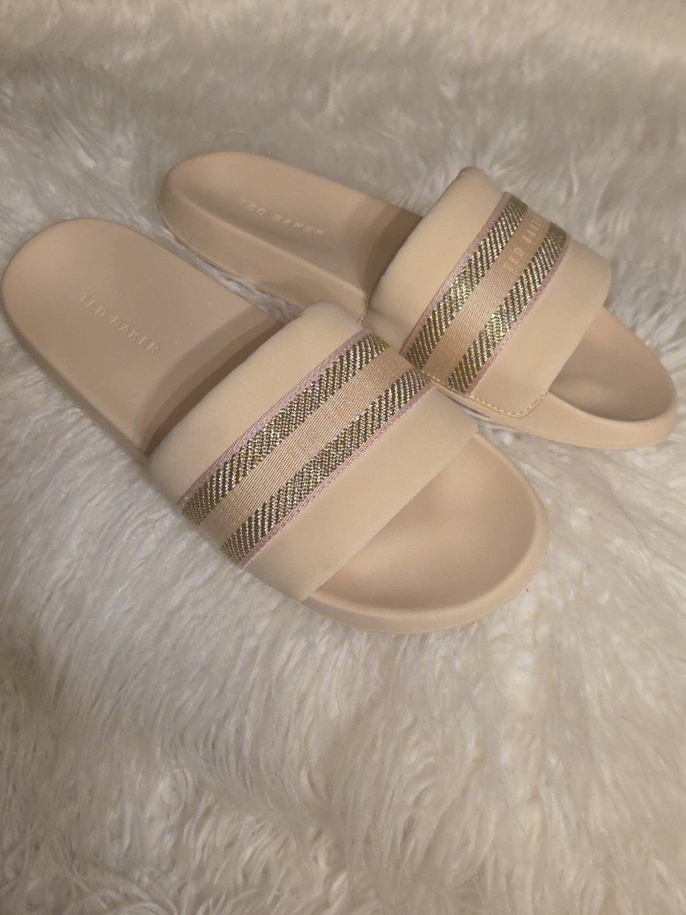 Ted Baker Tan, Pale Pink, Slide Sandals with Gold Stripes Size 10